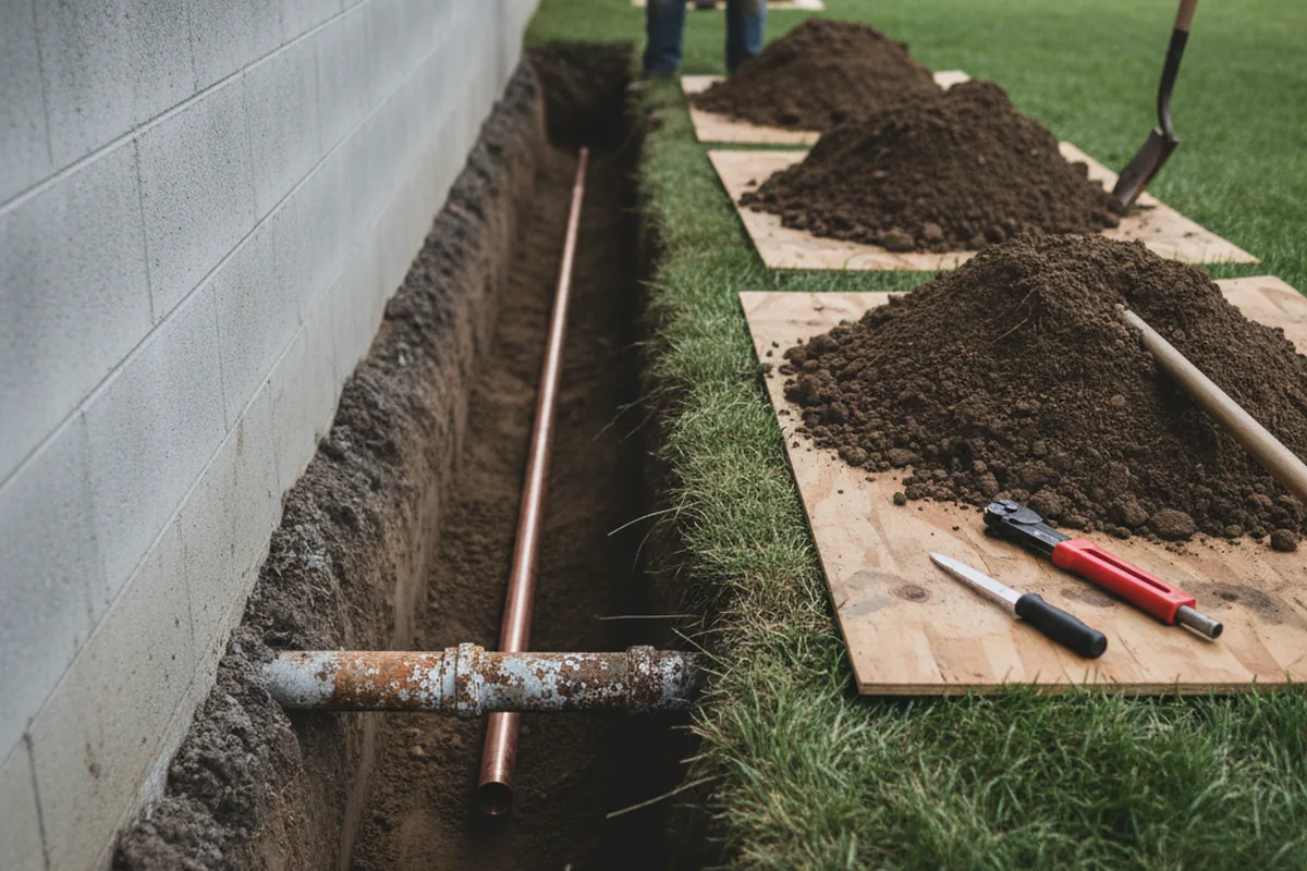 Excavated water line trench during Water Heater Repair in Morganville
